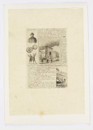 Eindrücke der Belagerung von Paris mit der brennenden Porte St. Denis, aus: "Paris pendant le siège"