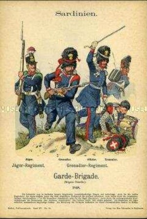 Uniformdarstellung, Jäger des Jäger-Regiments, Grenadier, Offizier und Tambour des Grenadier-Regiments der Garde-Brigade, Königreich Sardinien, 1848.