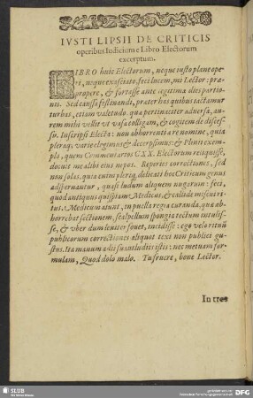 Iusti Lipsii De Criticis operibus Iudicium e Libro Electorum excerptum