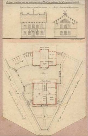 Baumerlenbach, Försterhaus. B: Skizze zu dem neu zu erbauenden Försterhaus bei Baumerlenbach. Aufrisse und Grundrisse. S: A. Fuchs inv.et del. 1845