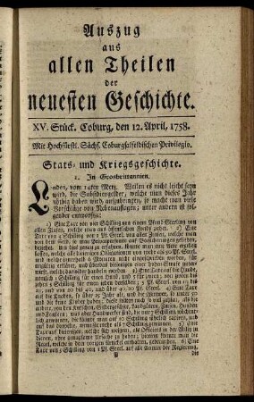 XV. Stück. Coburg, den 12. April. 1758.
