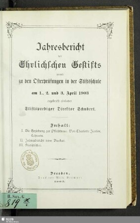 1903: Jahresbericht des Ehrlichschen Gestifts : auf das Schuljahr ...
