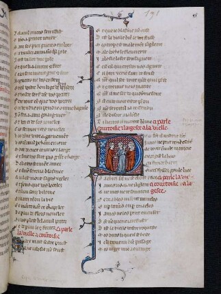 Deckfarbeninitiale D, historisiert: Courtoisie et Largesse parle a la vieille