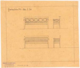Landsitz Lindenhof, Warnsdorf: 2 Arten von Gartenbänken jeweils in Vorderansicht und Seitenansicht 1:20