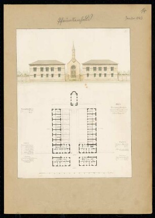 Pfründenhaus Monatskonkurrenz Januar 1843: Gesamtgrundriss Erdgeschoss,Grundriss Obergeschoss des Hauptflügels, Aufriss Straßenansicht; Maßstabsleiste, Raumplan
