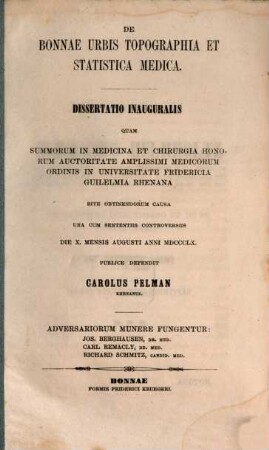 De Bonnae urbis topographia et statistica medica : Dissertatio inauguralis