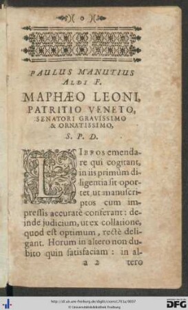 Paulus Manutius Aldi F. Maphaeo Leoni ... S. P. D.