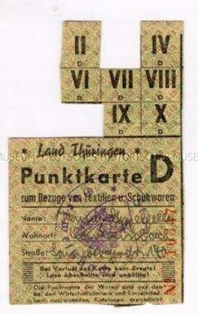 Fragment einer Bezugskarte des Landes Thüringen für Textilien und Schuhwaren