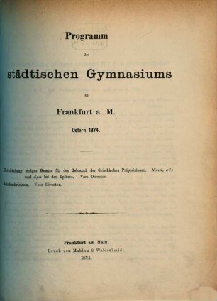 Programm des Städtischen Gymnasiums in Frankfurt a.M. : Ostern .... 1873/74