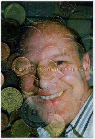 Fotomontage: Gesicht eines Mannes mit Geldmünzen (Prämiertes Foto Sonderthema: Familienbilder)