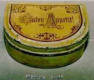 Blechdose in Hufeisenform für Pralinen? "Guten Appetit!"