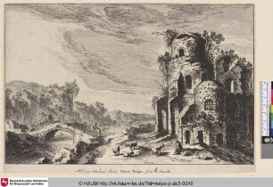 [Landschaft mit steinerner Brücke neben einer Burgruine; Landschap met een brug en een ruïne]