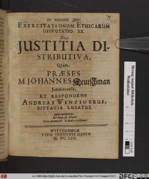 Exercitationum Ethicarum Disputatio XX. De Iustitia Distributiva