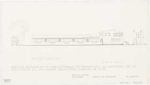 Büro- und Wohngebäude mit Fabrikationshalle der Transatlantic K.G. H. Bernhardt u. CO., Berlin-Rudow, auf dem Gelände Berlin-Rudow, Kanalstraße 76, 78: Südostansicht vermaßt 1:100
