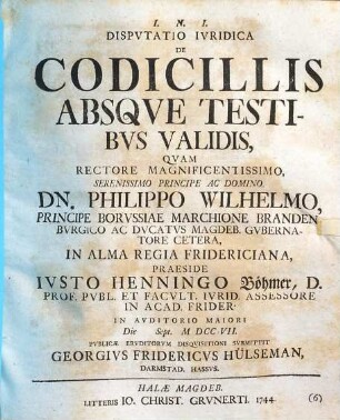Disputatio iuridica de codicillis absque testibus validis