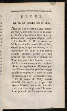 109-120, Éloge de M. le Comte de Milly.