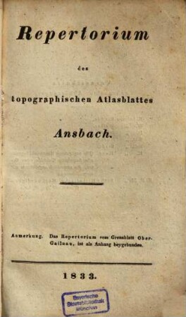 Repertorium des topographischen Atlasblattes .... [39/38], Ansbach