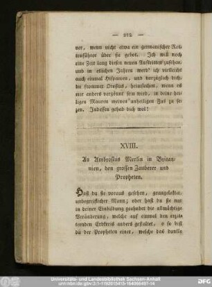 XVIII. An Ambrosius Merlin in Britannien, den grossen Zauberer und Propheten.