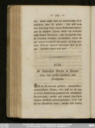 XVIII. An Ambrosius Merlin in Britannien, den grossen Zauberer und Propheten.