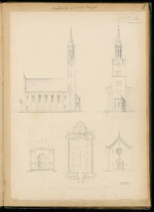 Dorfkirche mit 500 Plätzen Monatskonkurrenz Mai 1855: Grundriss Erdgeschoss, Aufriss Eingangsseite, Südansicht, Choransicht, Querschnitt (Richtung Altar); Maßstabsleiste