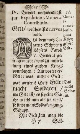 IV. Monetae contributio. Zum Krieg gehört Gelt