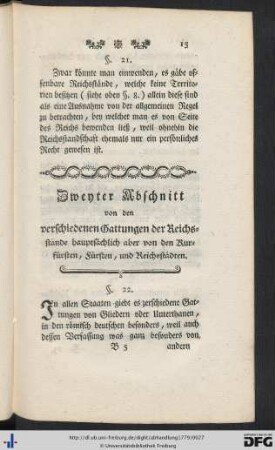 Zweyter Abschnitt von den verschiedenen Gattungen der Reichsstände hauptsächlich aber von den Kurfürsten, Fürsten, und Reichsstädten.