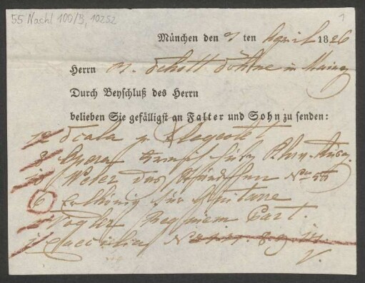 Bestellung diverser Musikalien : 3.4.1826ff.