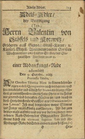Adels-Adler / bey Beerdigung (Tit.) Herrn Valentin von Stöffels und ...
