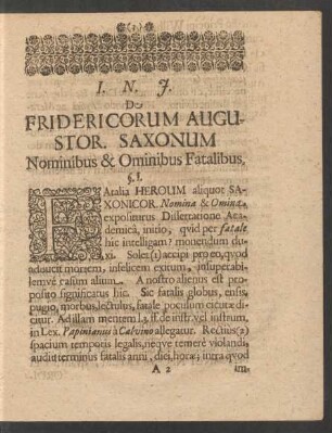 De Fridericorum, Augustor. Saxonum Nominibus & Ominibus Fatalibus.