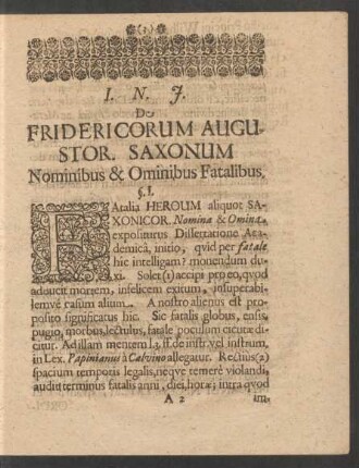 De Fridericorum, Augustor. Saxonum Nominibus & Ominibus Fatalibus.