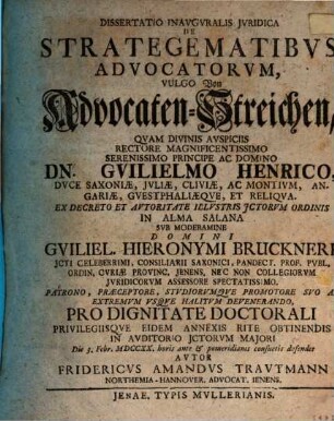 Dissertatio Inavgvralis Jvridica De Strategematibvs Advocatorvm, Vulgo Von Advocaten-Streichen