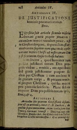 Articulus IV. De Justificatione hominis peccatoris coram Deo.