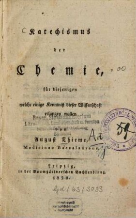 Katechismus der Chemie für diejenigen, welche einige Kenntniß dieser Wissenschaft erlangen wollen