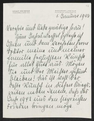 Brief von Lilly Bechtle an Margarete Hauptmann
