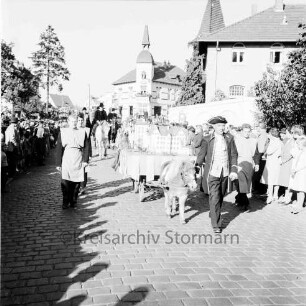 Karpfenfest: Umzug: Bahnhofstraße: Fußgruppe, Modell von Schloss Reinfeld, auf Ponywagen, Ponyführer, Begleiter: dahinter Herzog Joachim Ernst mit Gefolge auf Pferden: an den Straßenrändern Zuschauer: Bildmitte rechts Einmündung von Bischofsteicher Weg, 11. Oktober 1959