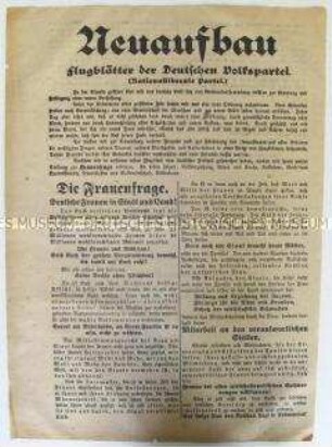 Flugblatt der DVP zur Wahl der Nationalversammlung mit einem Appell an das Verantwortungsbewusstsein der deutschen Frauen für den Staat