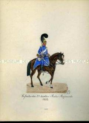 Uniformdarstellung, Gefreiter des 2. leichten Reiter-Regiments zu Pferd, 1832. Aus: Sammelmappe "Sachsens Militär", Königliche Arsenalsammlung.