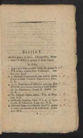 Sectio I. Autores graeci et latini, Lexicographi, Grammatici et Critici in graeca et latina lingua