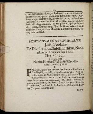 De Divisionibus, Substantialibus, Naturalibus, & Accidentalibus Feudi. Decas III.