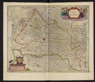 Karte vom Territorium Bologna, ca. 1:220 000, kolorierter Kupferstich, 1645 : Territorio Di Bologna. - [Ca. 1:220.000]. - [Amsterdam] : Ioannes Ianssonius, [1645]. - 1 Kt : Kupferst ; 51 x 41 cm. - Maßstab in graph. Form (Milliaria Italica communia, Milliaria Germanica communia)