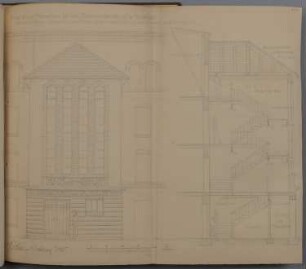 Woltersdorf (Kr. Niederbarnim): Haus der Heimat, Anbau eines Treppenhauses (1. Entwurf, nicht ausgeführt). Fassadenansicht und Schnitt