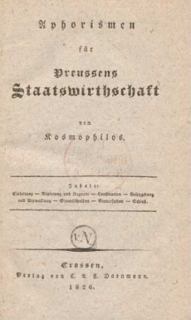 Aphorismen für Preussens Staatswirthschaft