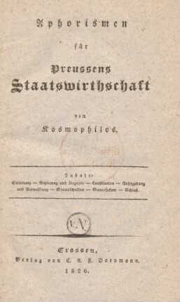 Aphorismen für Preussens Staatswirthschaft
