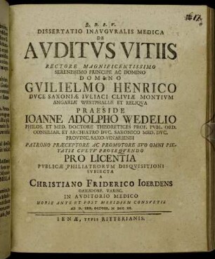 Dissertatio Inauguralis Medica De Auditus Vitiis