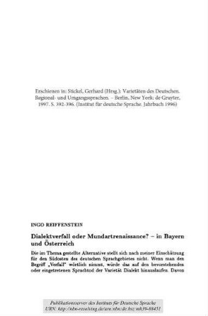 Dialektverfall oder Mundartrenaissance? in Bayern und Österreich