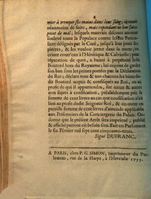 Extrait Des Registres De Parlement. Du 6 Fevrier 1753.