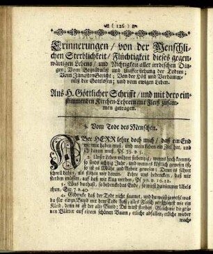 Erinnerungen/ von der Menschlichchen Sterblichkeit/ Flüchtigkeit dieses gegenwärtigen Lebens ...