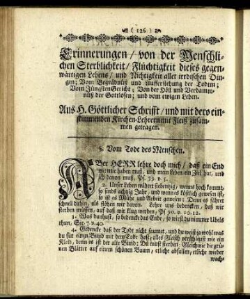 Erinnerungen/ von der Menschlichchen Sterblichkeit/ Flüchtigkeit dieses gegenwärtigen Lebens ...