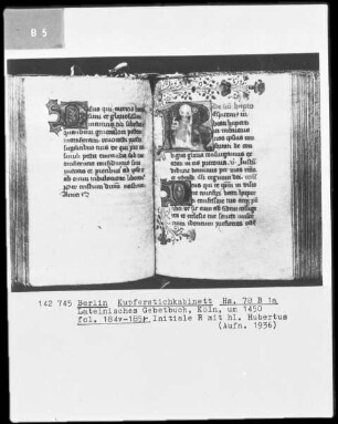 fol. 184v-185r: Initiale R mit dem heiligen Hubertus