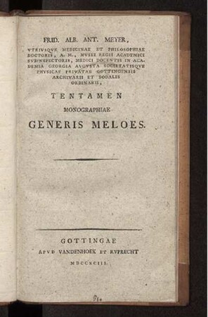 Frid. Alb. Ant. Meyer Tentamen monographiae generis Meloes